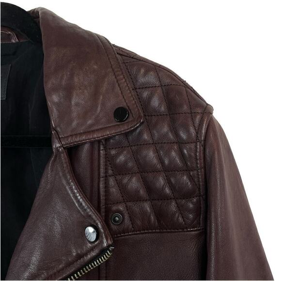 All Saints Conroy Crinkled Quilted Shoulder Leather Biker Jacket Oxblood Size M - Picture 5 of 11